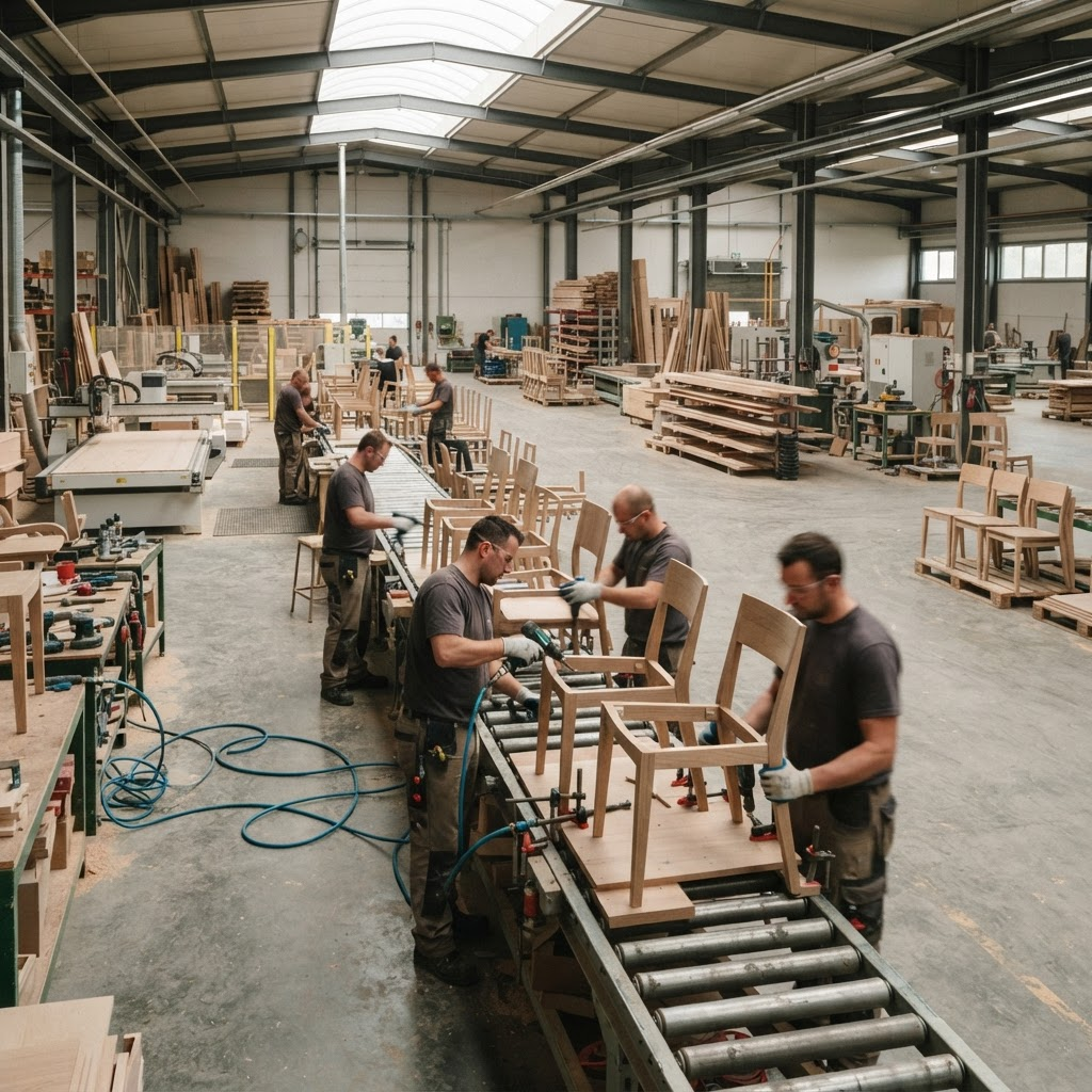 Production line at the Dolvax Morkin chair manufacturing factory
